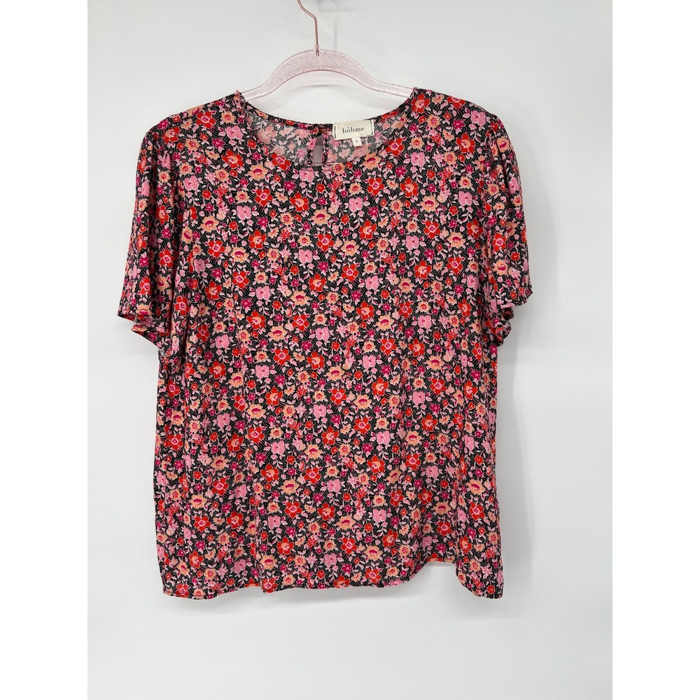 Böhme Floral Print Top Size S Pink Red Black Short Sleeve‎ Casual Blouse